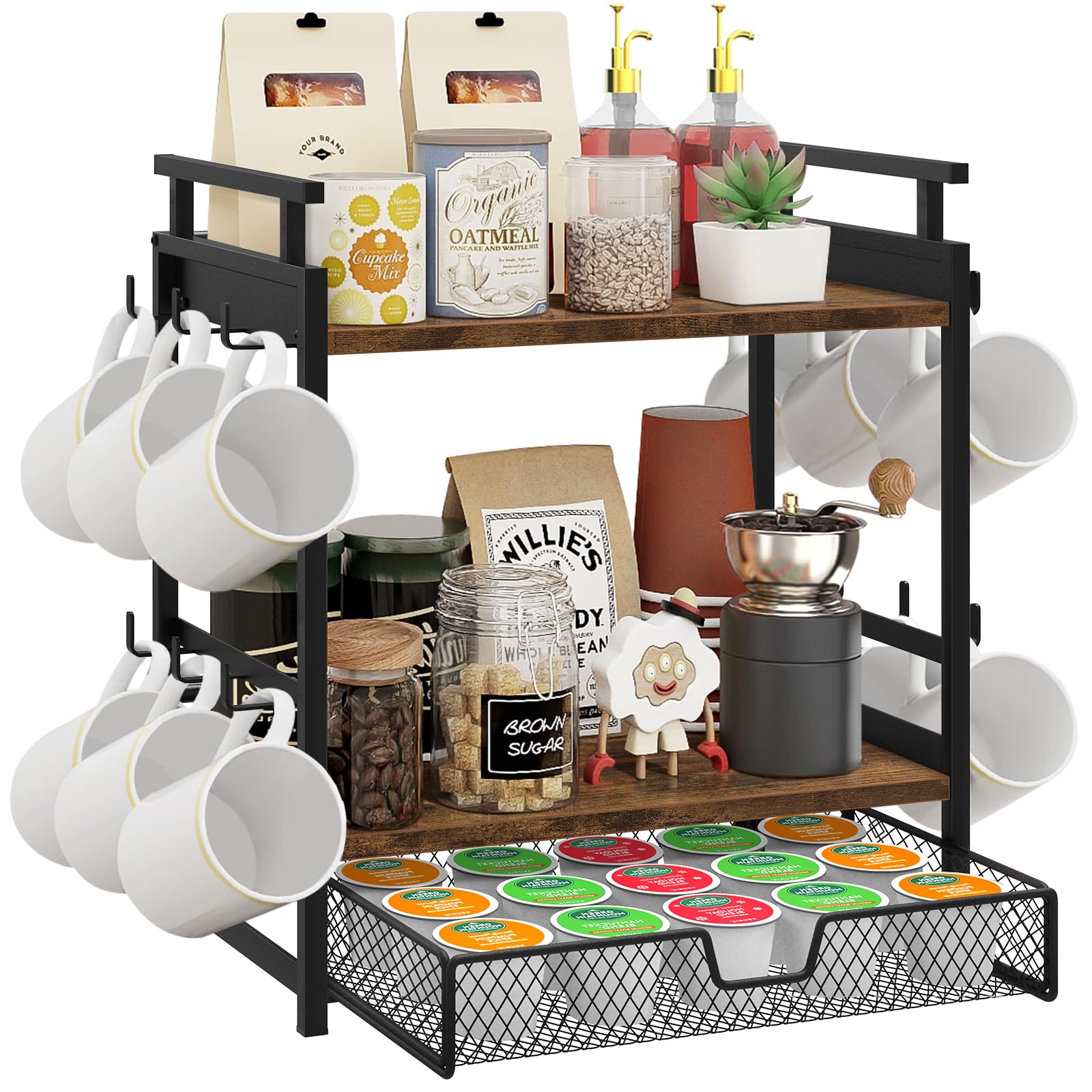 BCOZLUX coffee bar organizer full unit on counter, maximizing mug and pod accessibility.