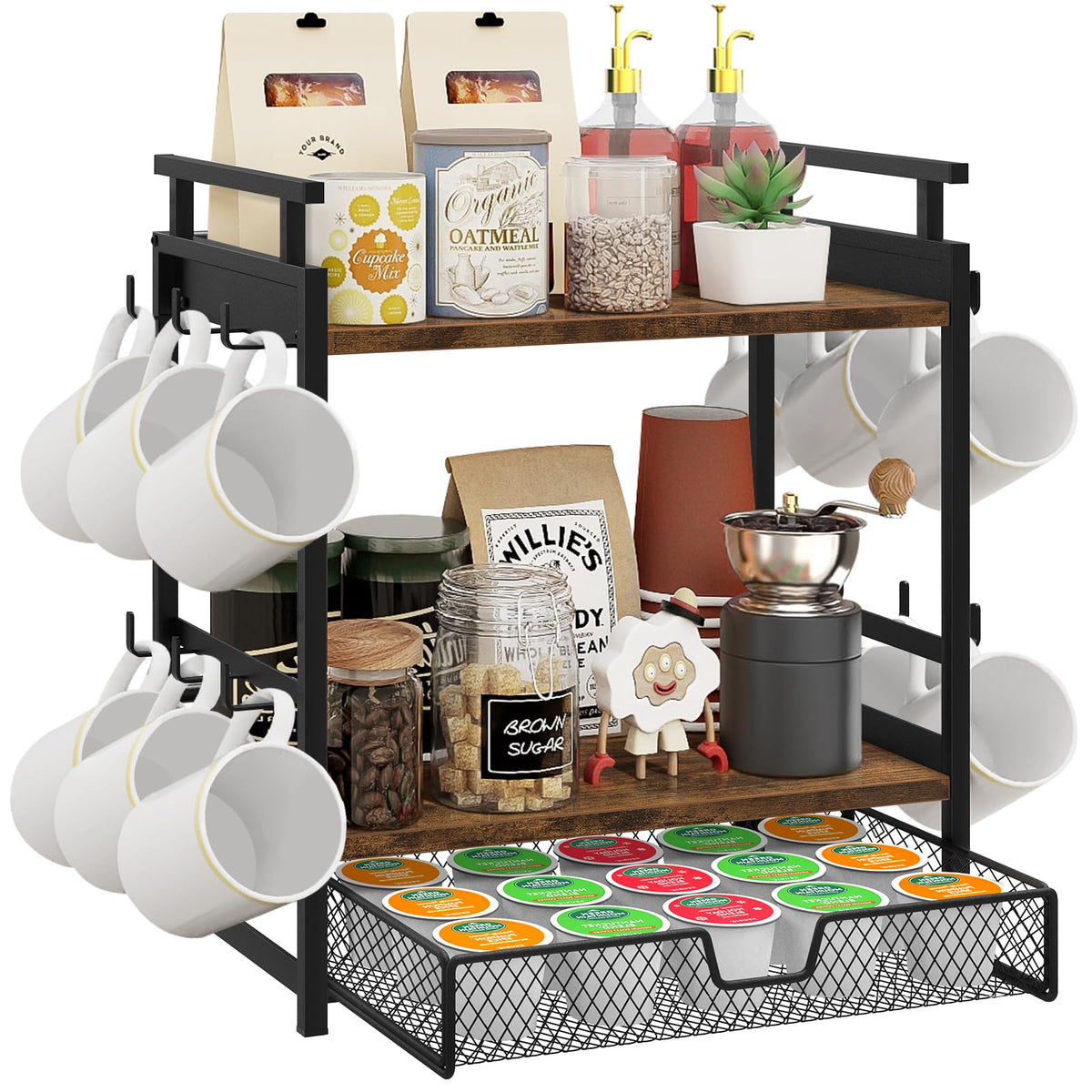 BCOZLUX coffee bar organizer full unit on counter, maximizing mug and pod accessibility.