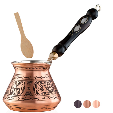 BCS copper Turkish coffee pot with traditional hand hammered finish for authentic brewing