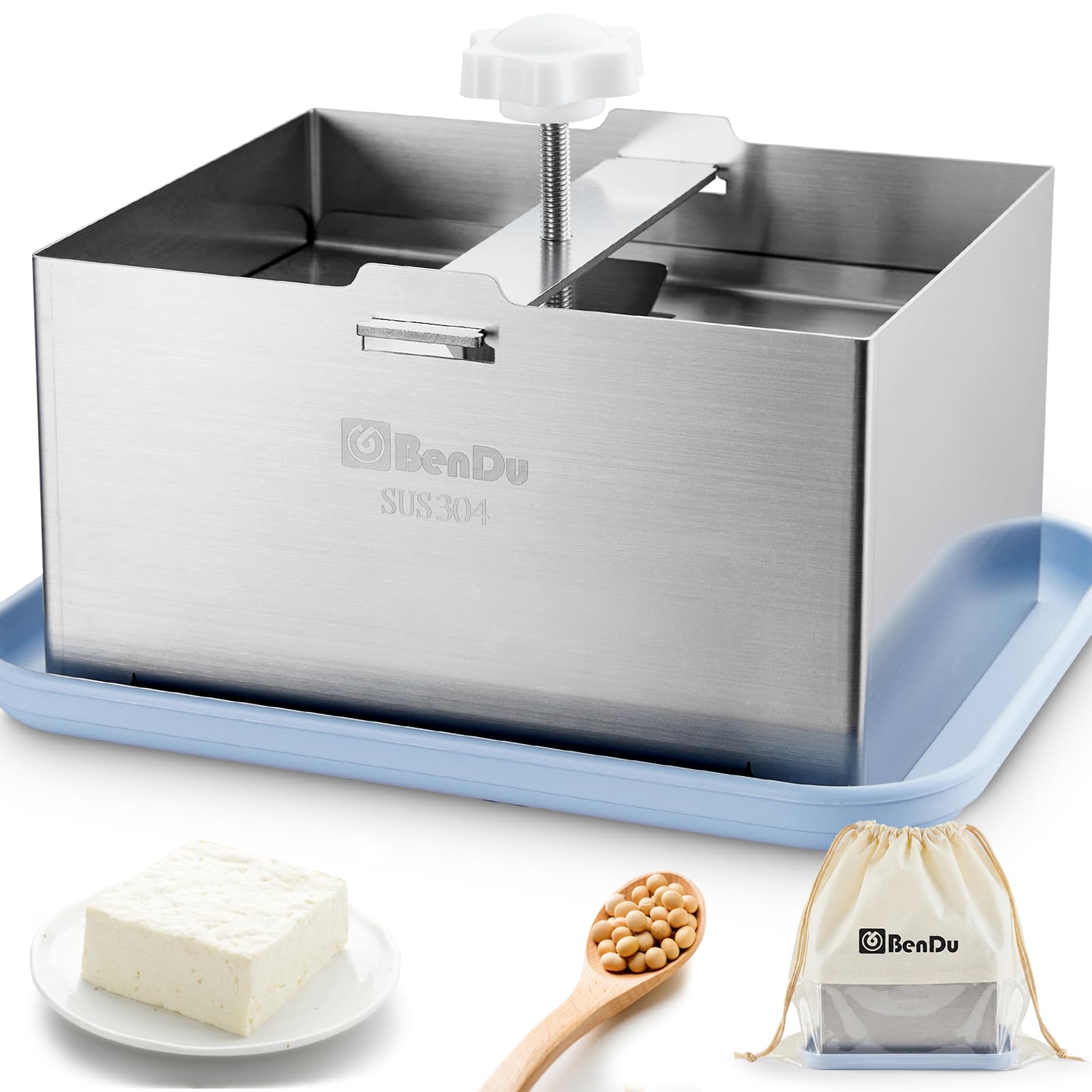 bd.Ai Bendu Tofu Press blue tray and knob enhance grip for stable, precise tofu compression.