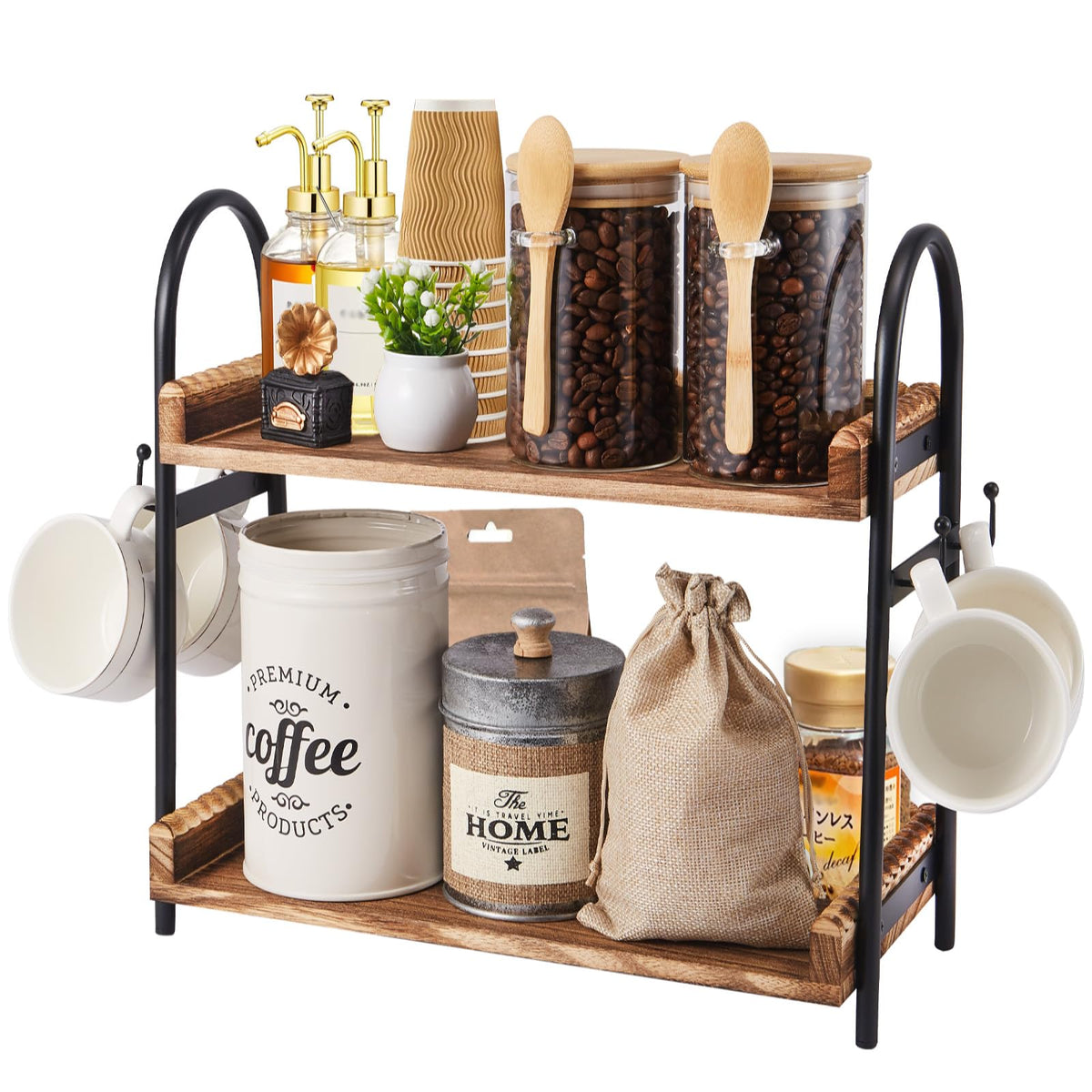BDBDYEAY coffee bar organizer two-tier design keeps counter neat and accessible.