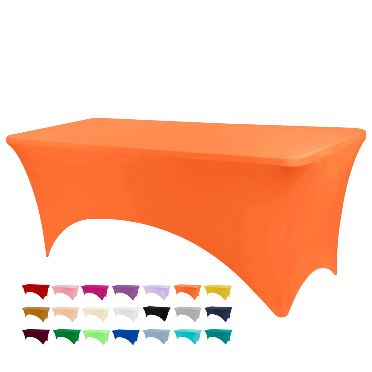 BDDC 6ft orange table cover with leg pockets for a secure banquet setup.