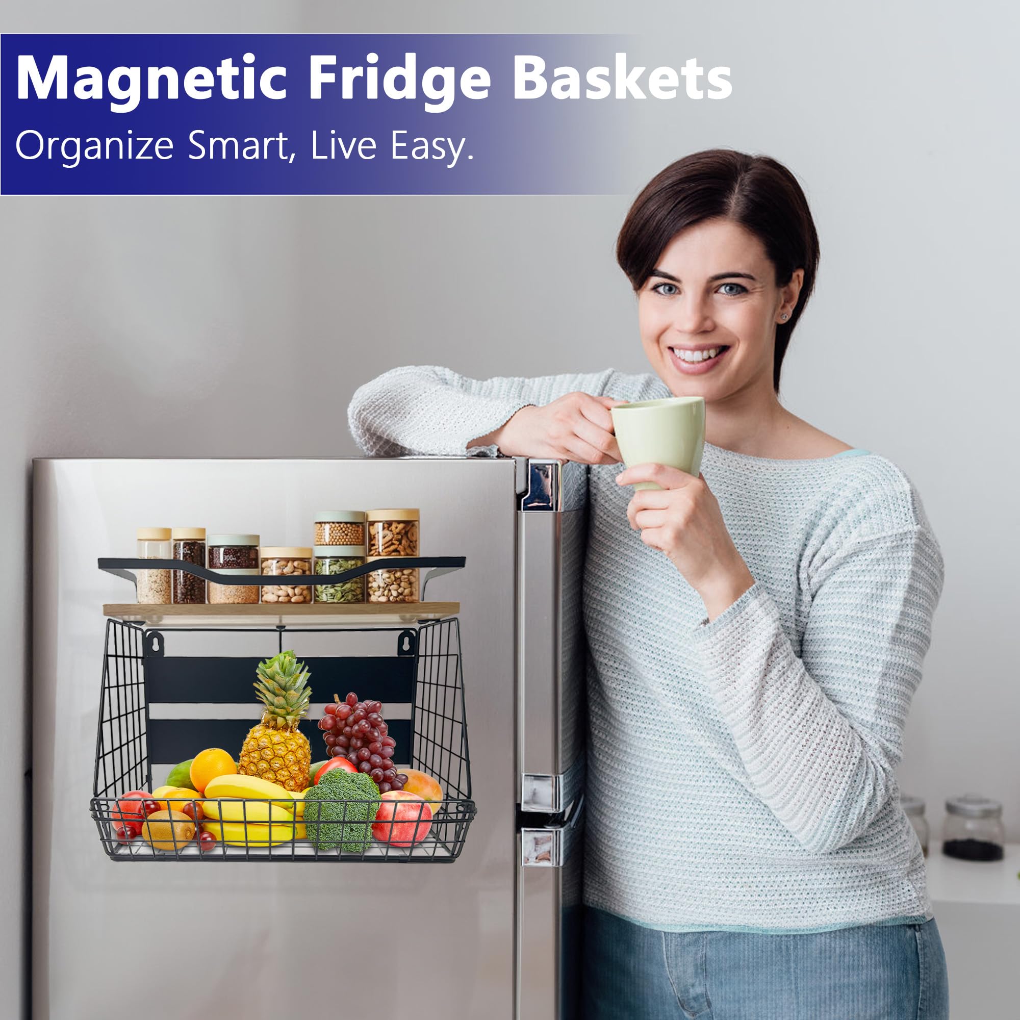 Bealy large-capacity magnetic basket on fridge side for extra pantry space