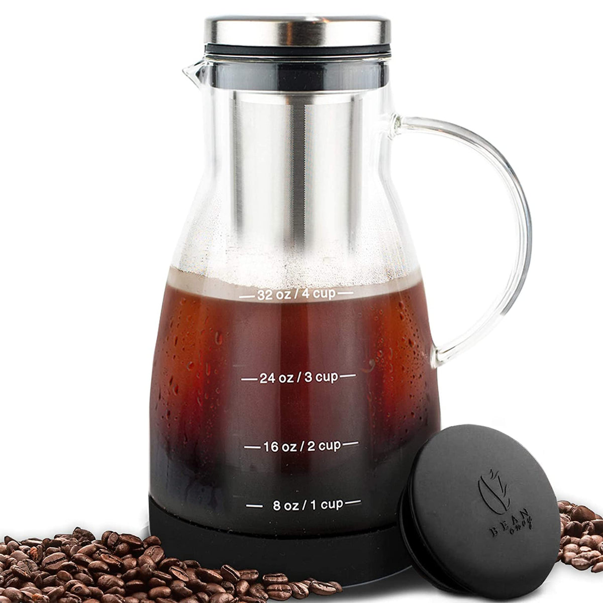 Bean Envy cold brew pitcher front view with 32 oz capacity for multiple servings.