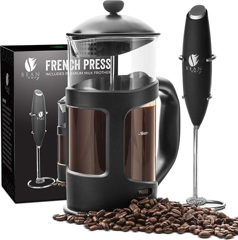 Bean Envy French Press with glass carafe delivering smooth, grounds-free coffee.
