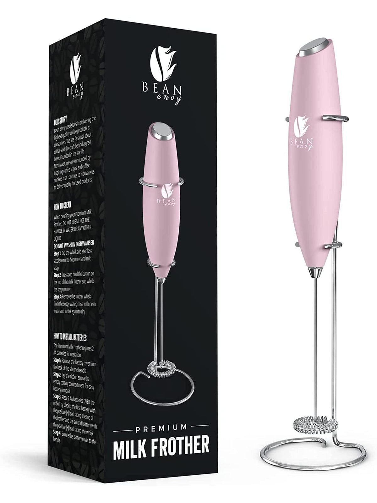 Bean Envy Milk Frother pink stand shown for easy storage and quick frothing at home.