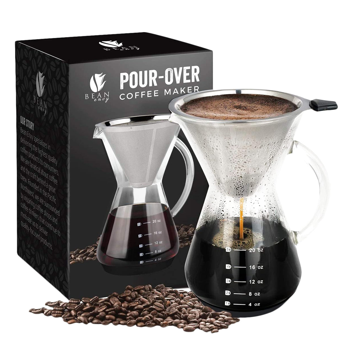 Bean Envy pour over coffee maker with glass 20oz for precise, clean brews