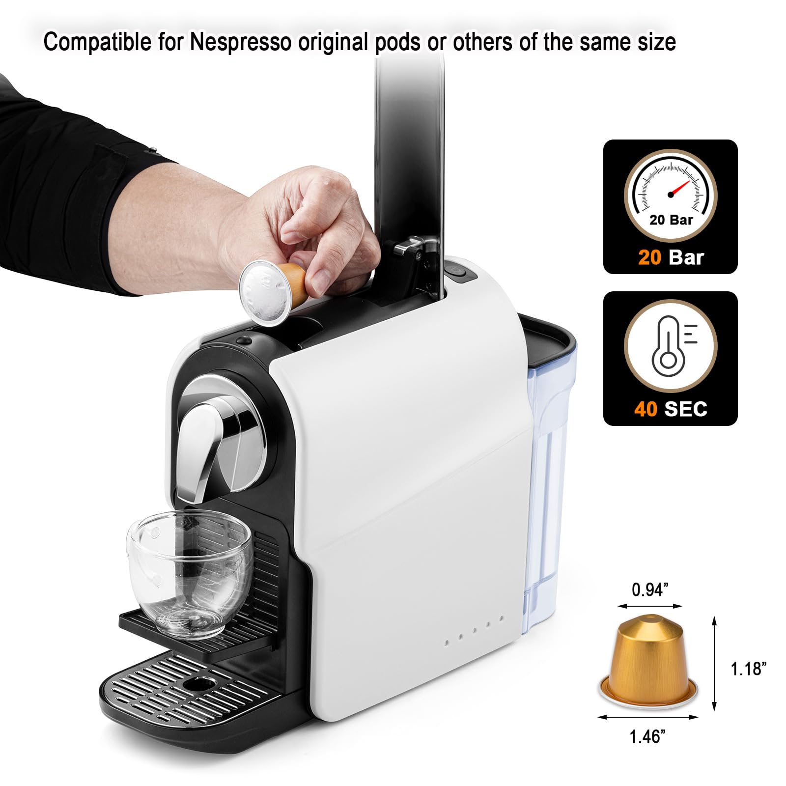 Beanglass espresso pod machine showing a 20-bar pump for rich espresso.