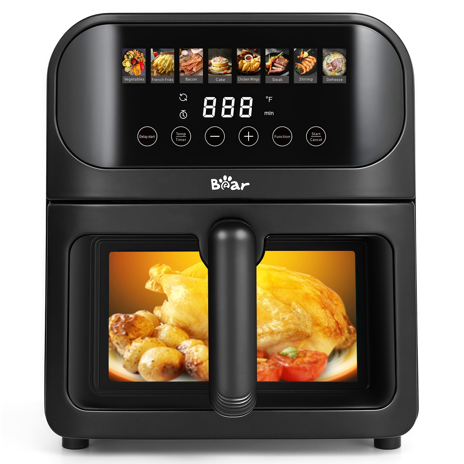 Bear air fryer exterior in stainless steel with a sleek, spacious look.