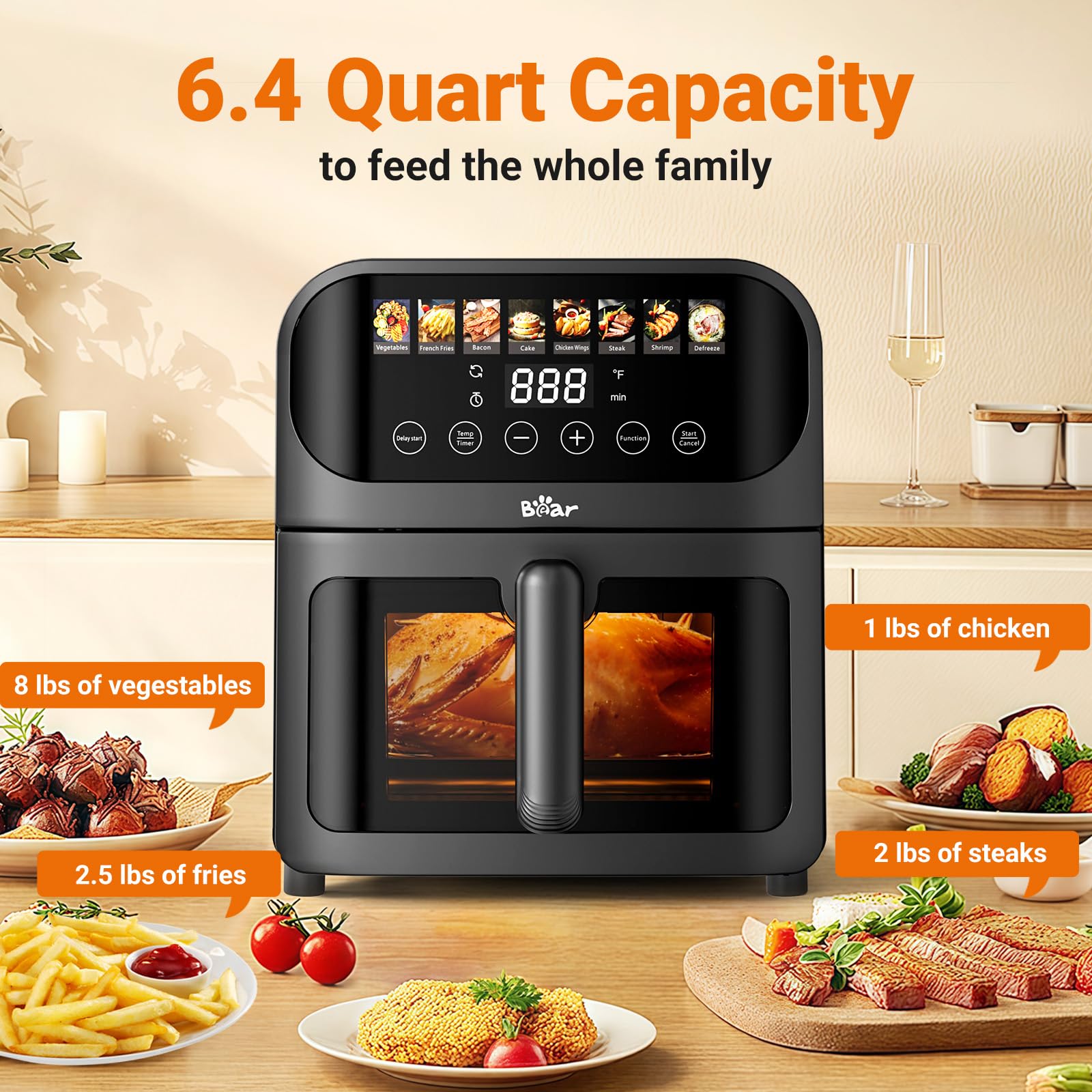 Bear air fryer control panel showing 8 presets for quick meals.