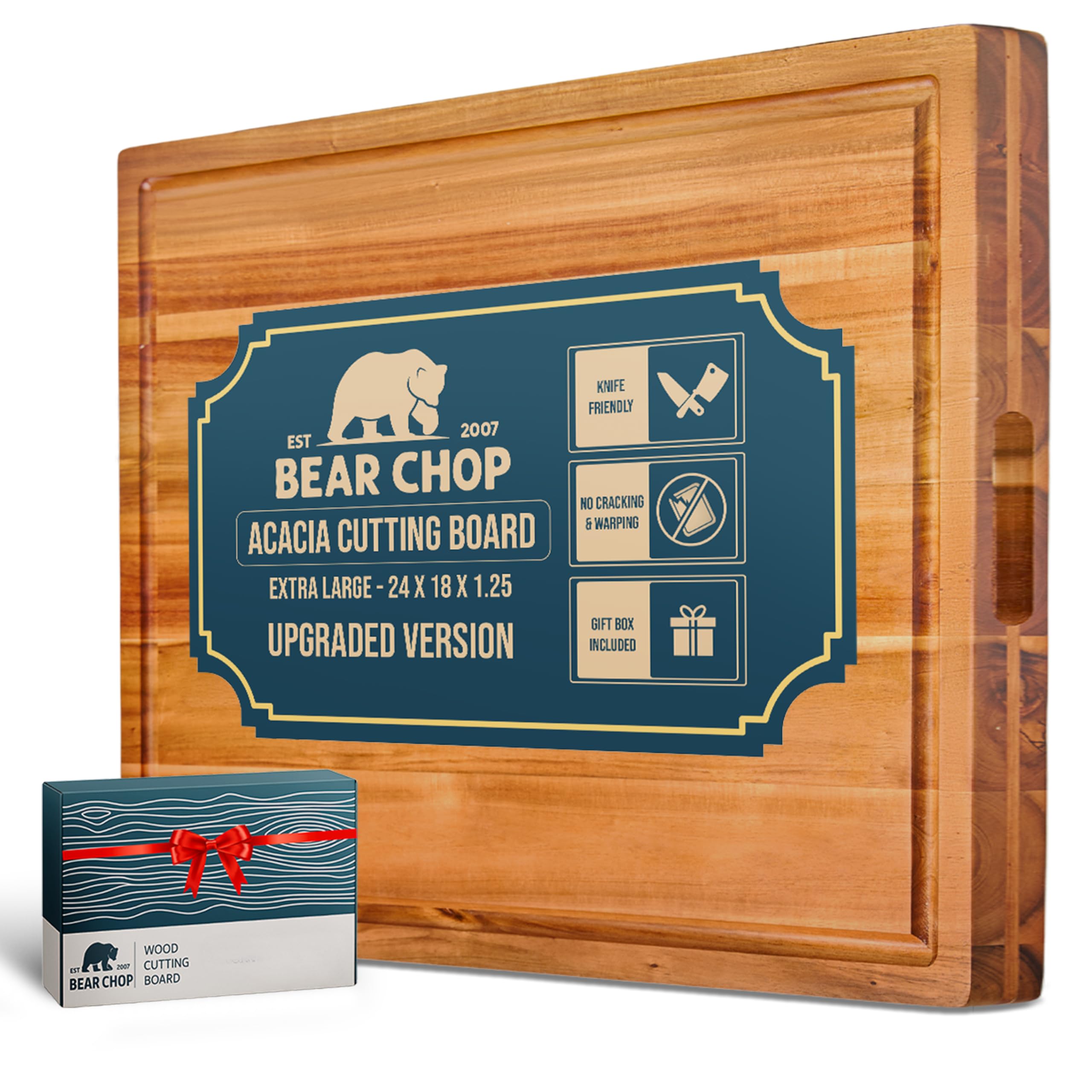 BEAR CHOP acacia cutting board with juice groove for mess-free prep and serving.