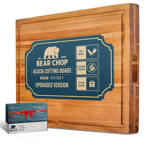 EST 2007 BEAR CHOP acacia cutting board with juice groove for mess-free prep