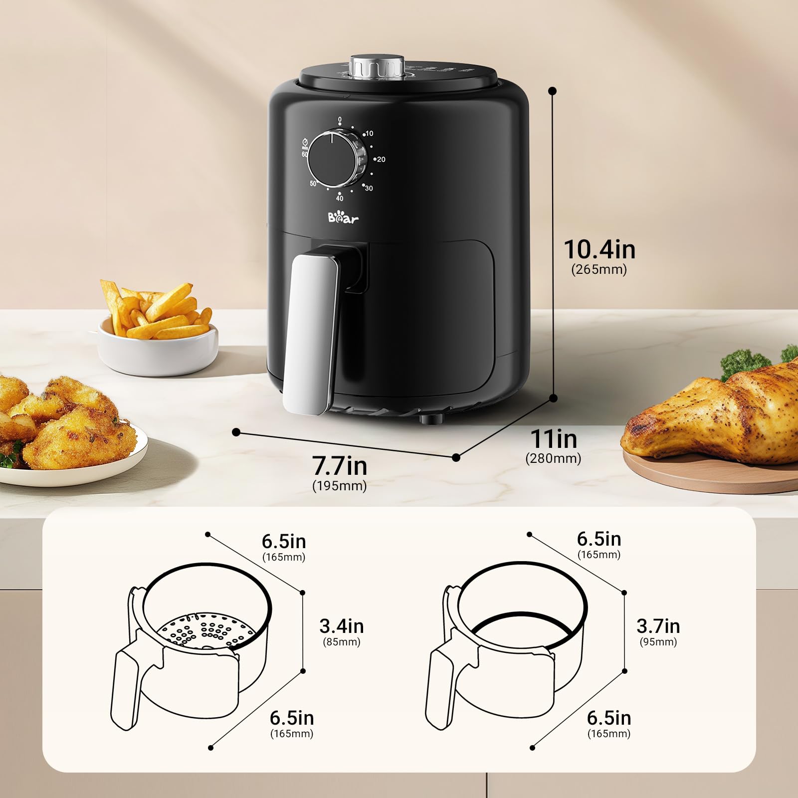 Bear Small Air Fryer with adjustable temp and time for versatile meals.