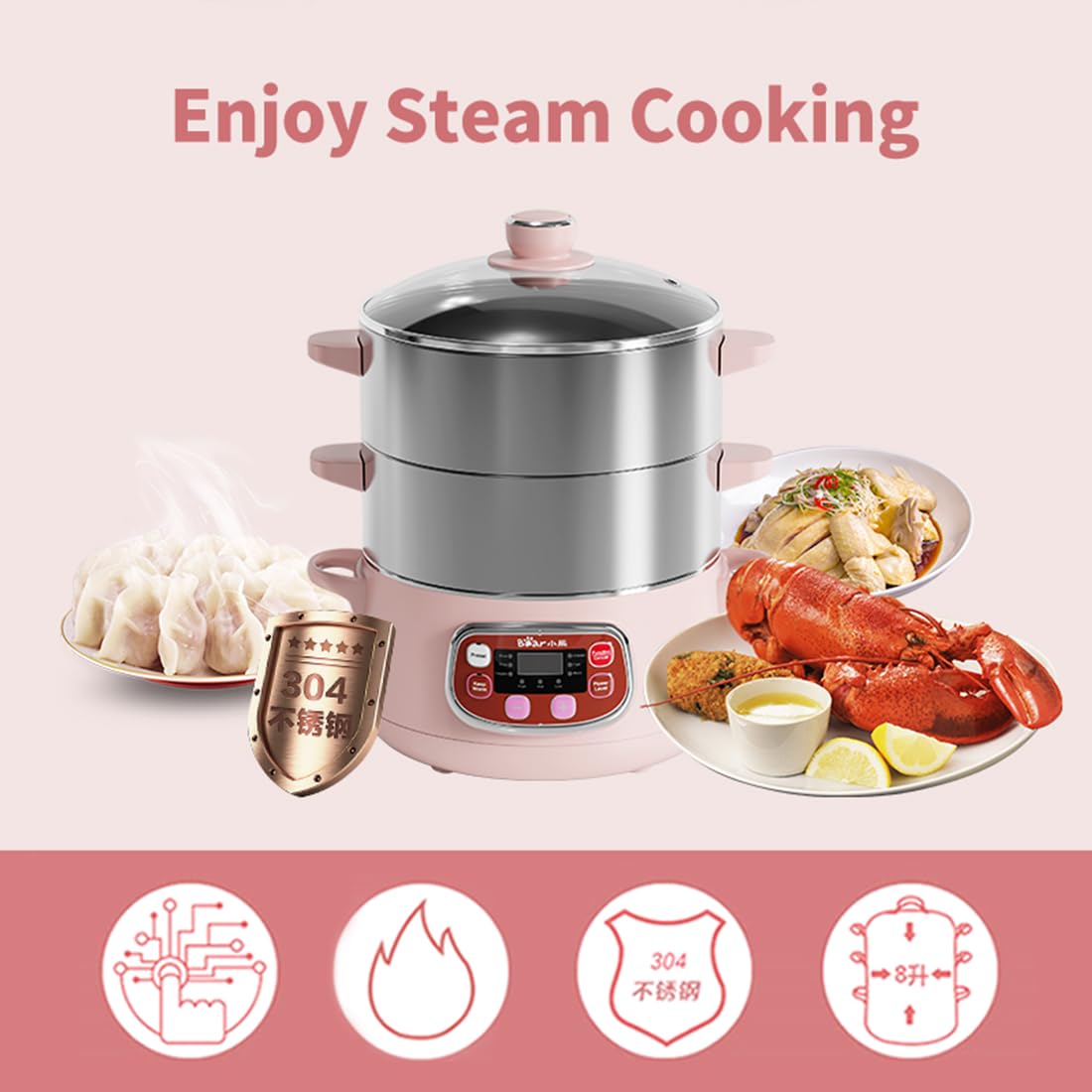 Bear electric steamer with auto shut-off ensures safe unattended operation.