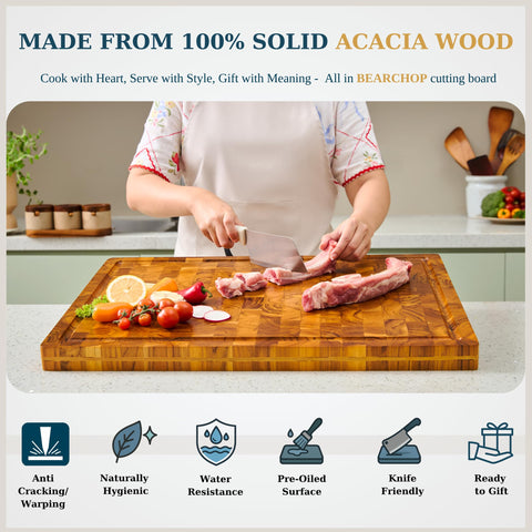 Bearchop Acacia cutting board with 4-side reinforced bars for long-lasting stability