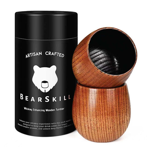 BearSkill charred wooden bourbon glass pour-focused view showing aroma potential