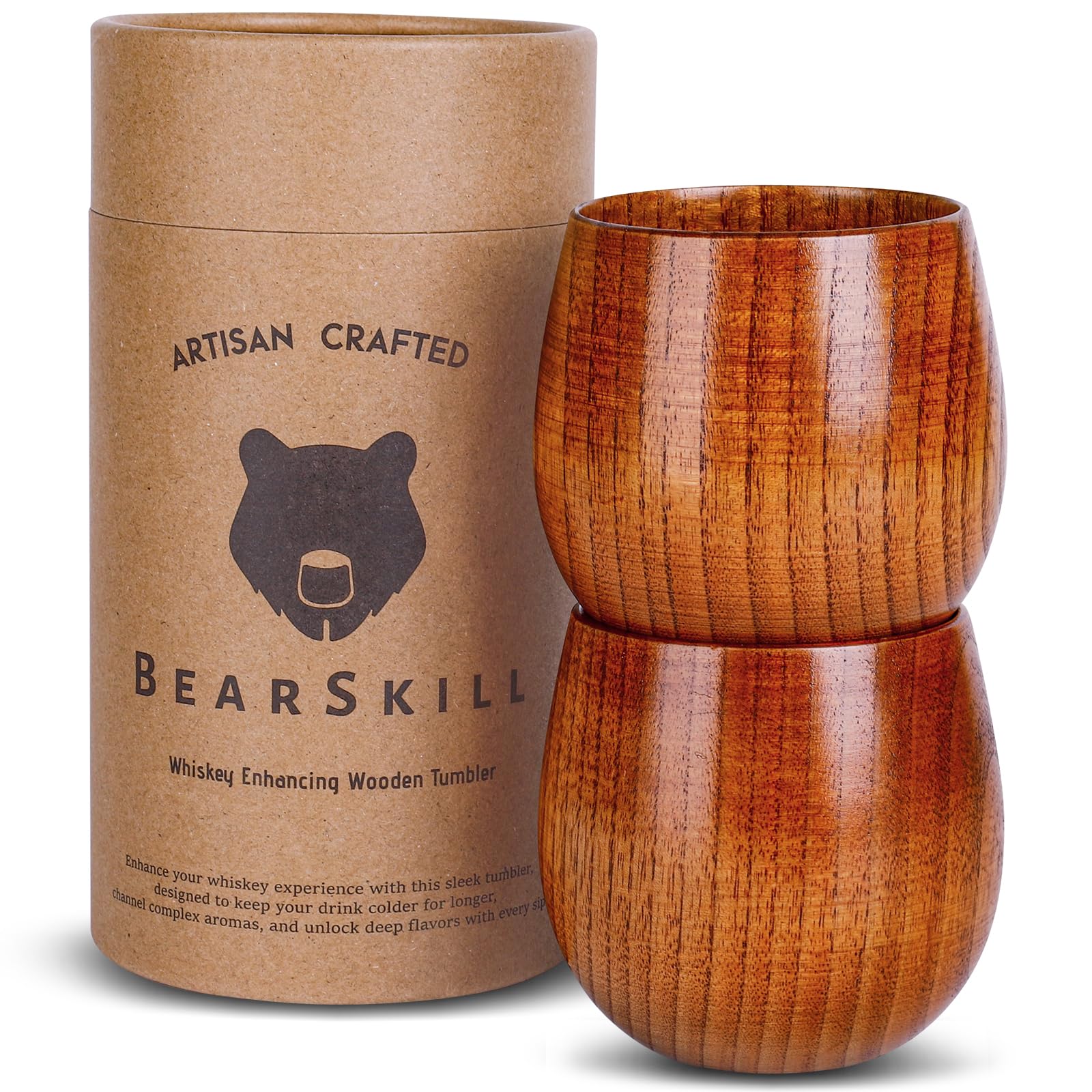 BearSkill handcrafted whiskey tumbler highlights rich wood grain for a refined sip.