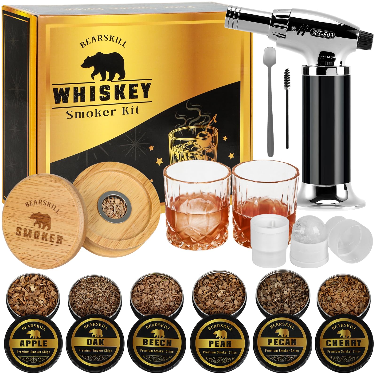 BearSkill whiskey smoker kit with torch ready to ignite and infuse cocktails.