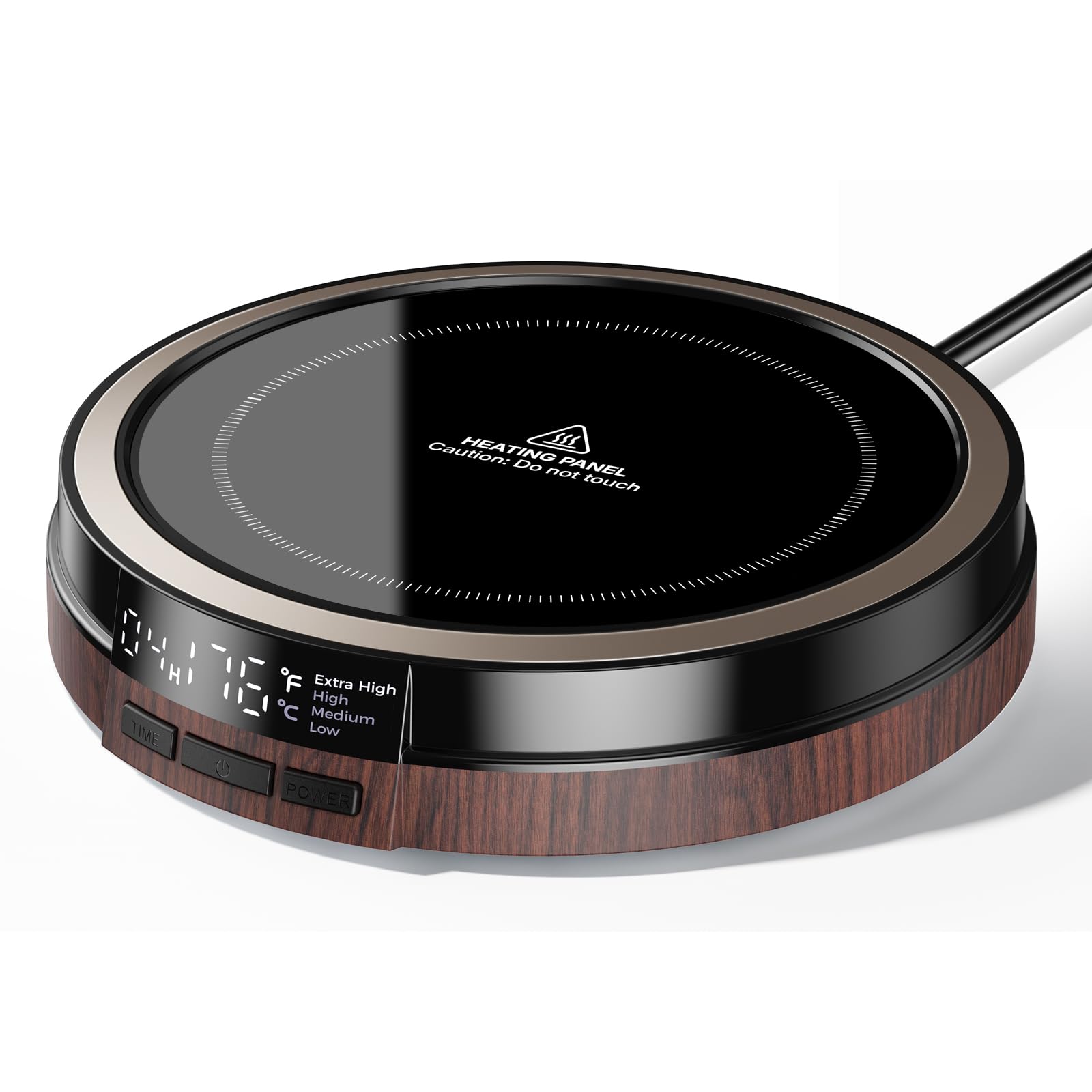 Bearwind coffee mug warmer on desk glows softly, keeping beverages warm.