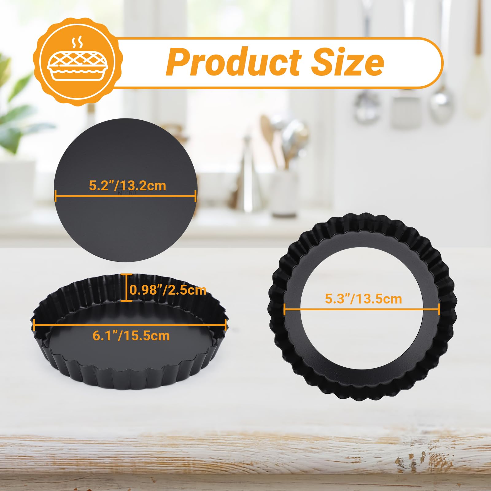 Beasea 6 inch tart pan dimensions showing top and bottom measurements