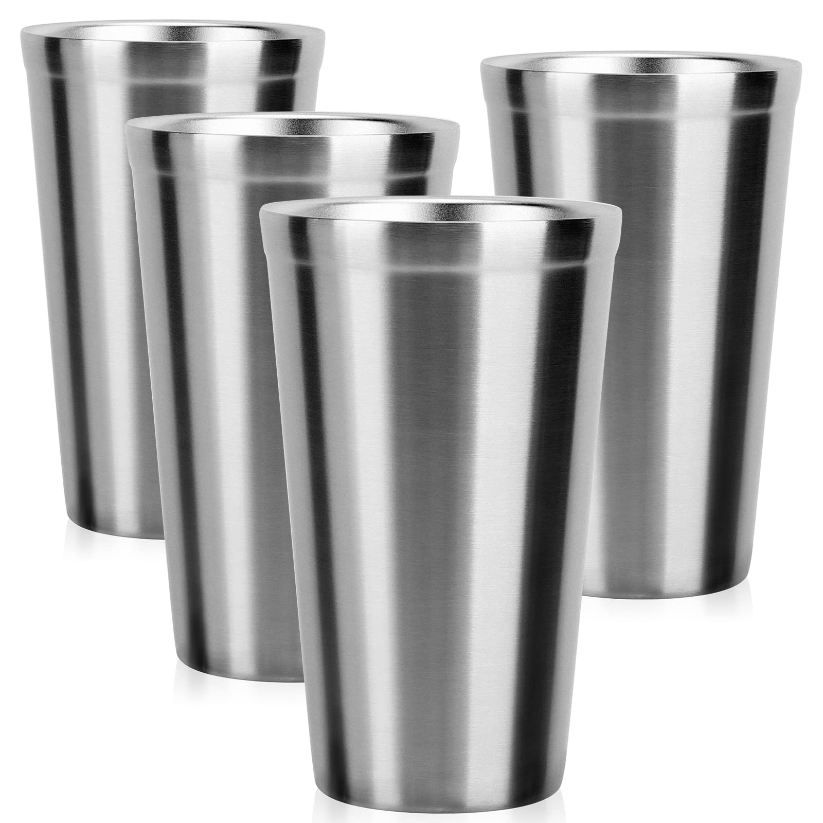 Beasea stainless steel cups 16 oz four-pack stacked for space-saving storage, ideal for travel.