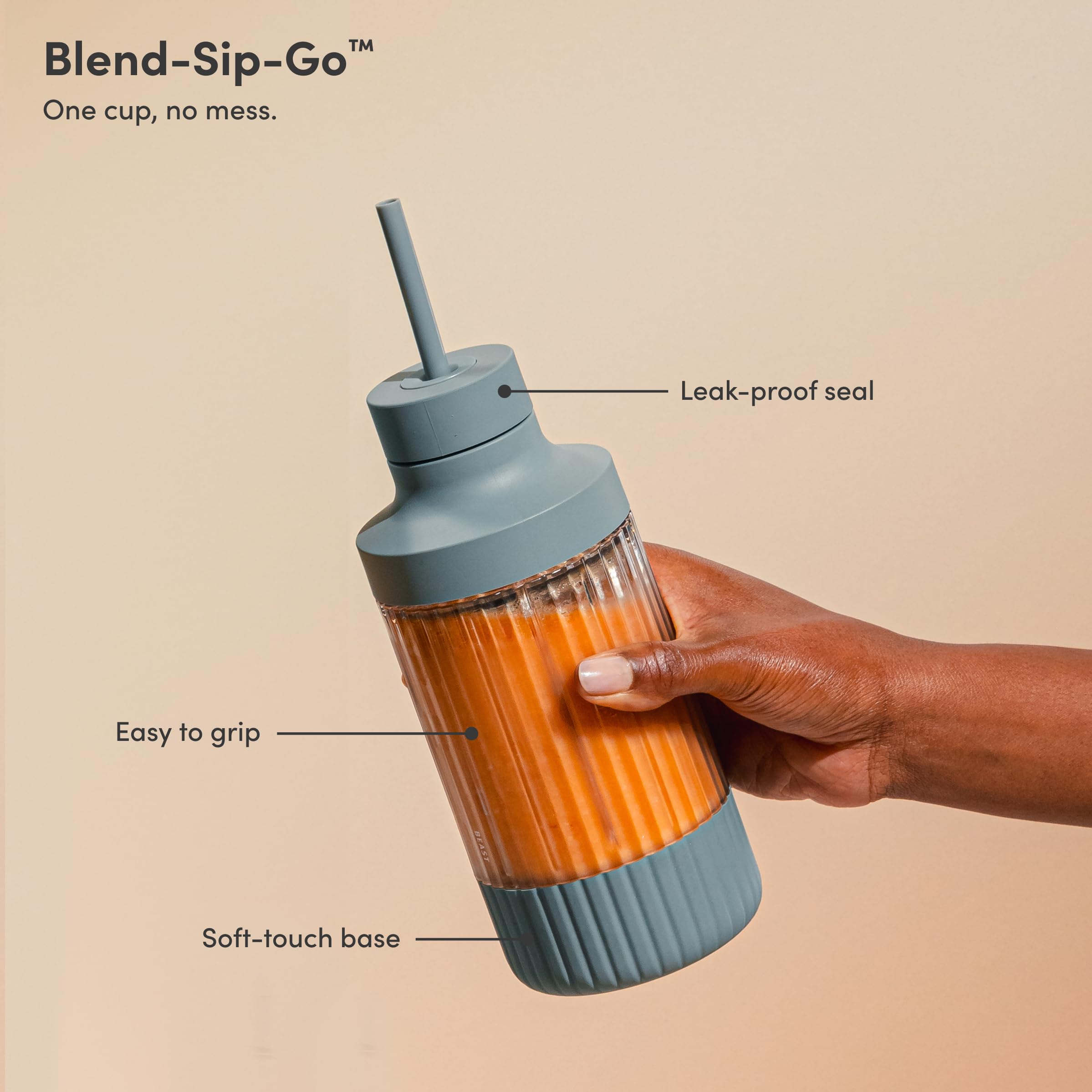 BEAST The Beast Mini Blender straw cap and straw enable spilling-free sipping.