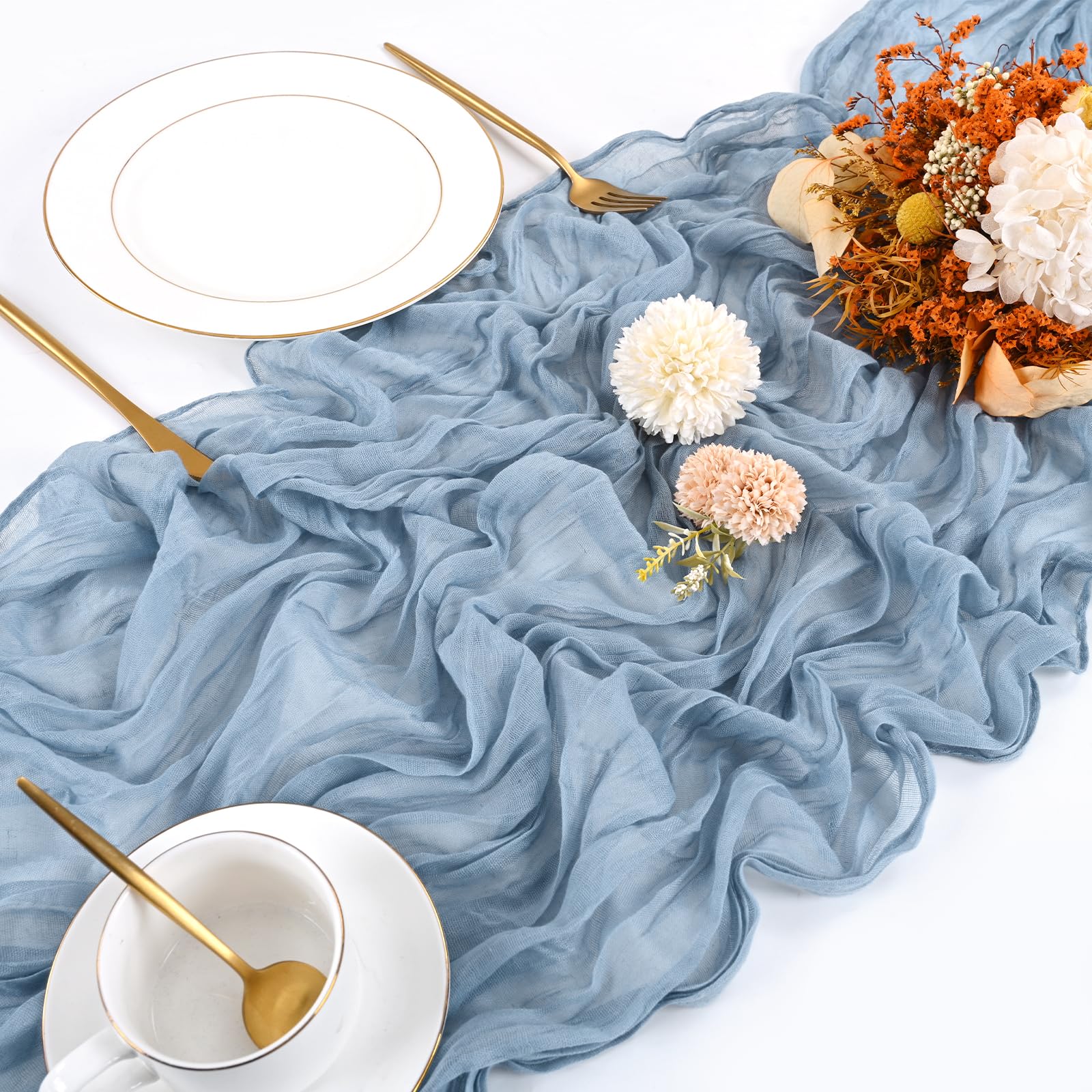 Beautane dusty blue runner ideal as chair sash or table centerpiece backdrop.