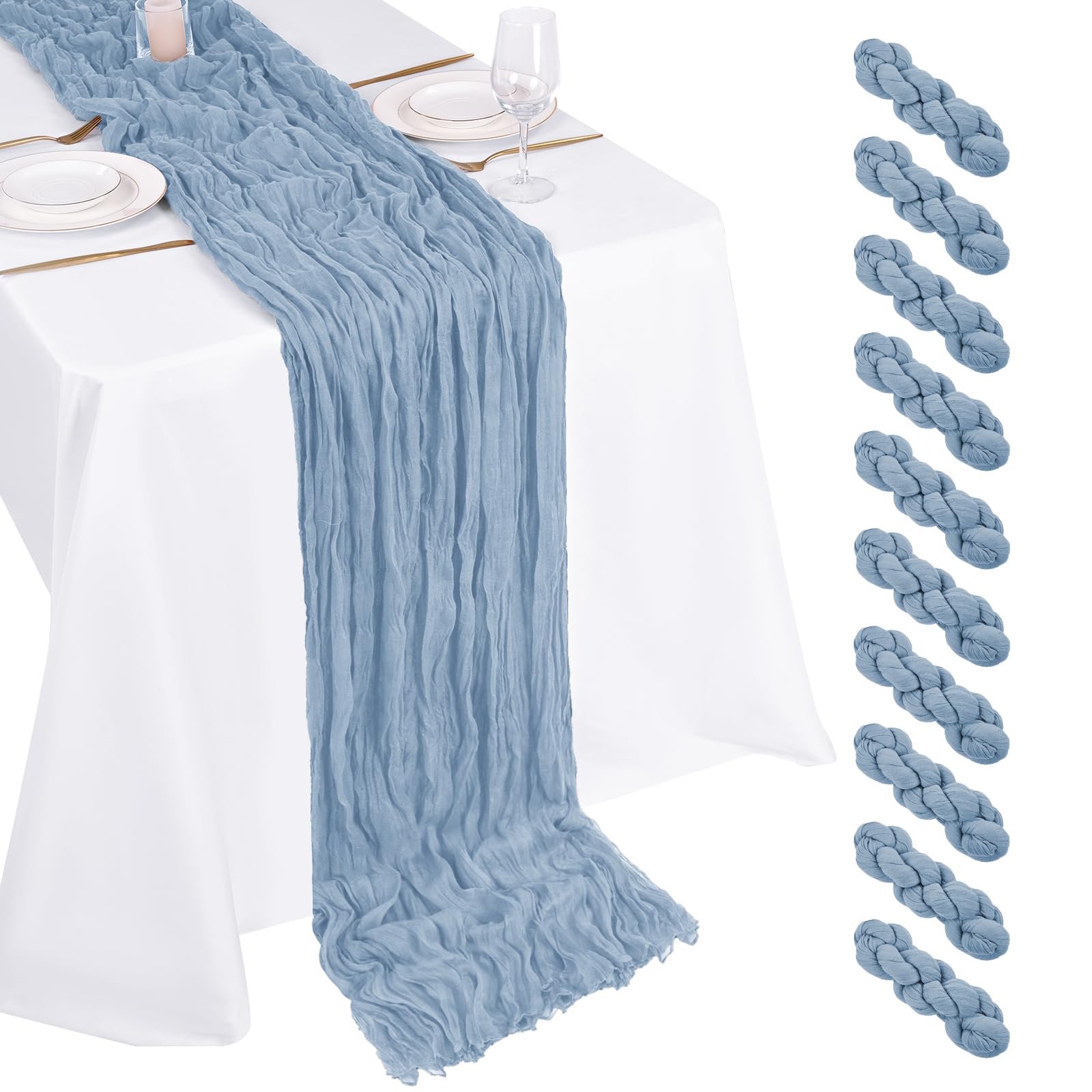 Beautane dusty blue cheesecloth table runner highlighting soft drape for weddings.