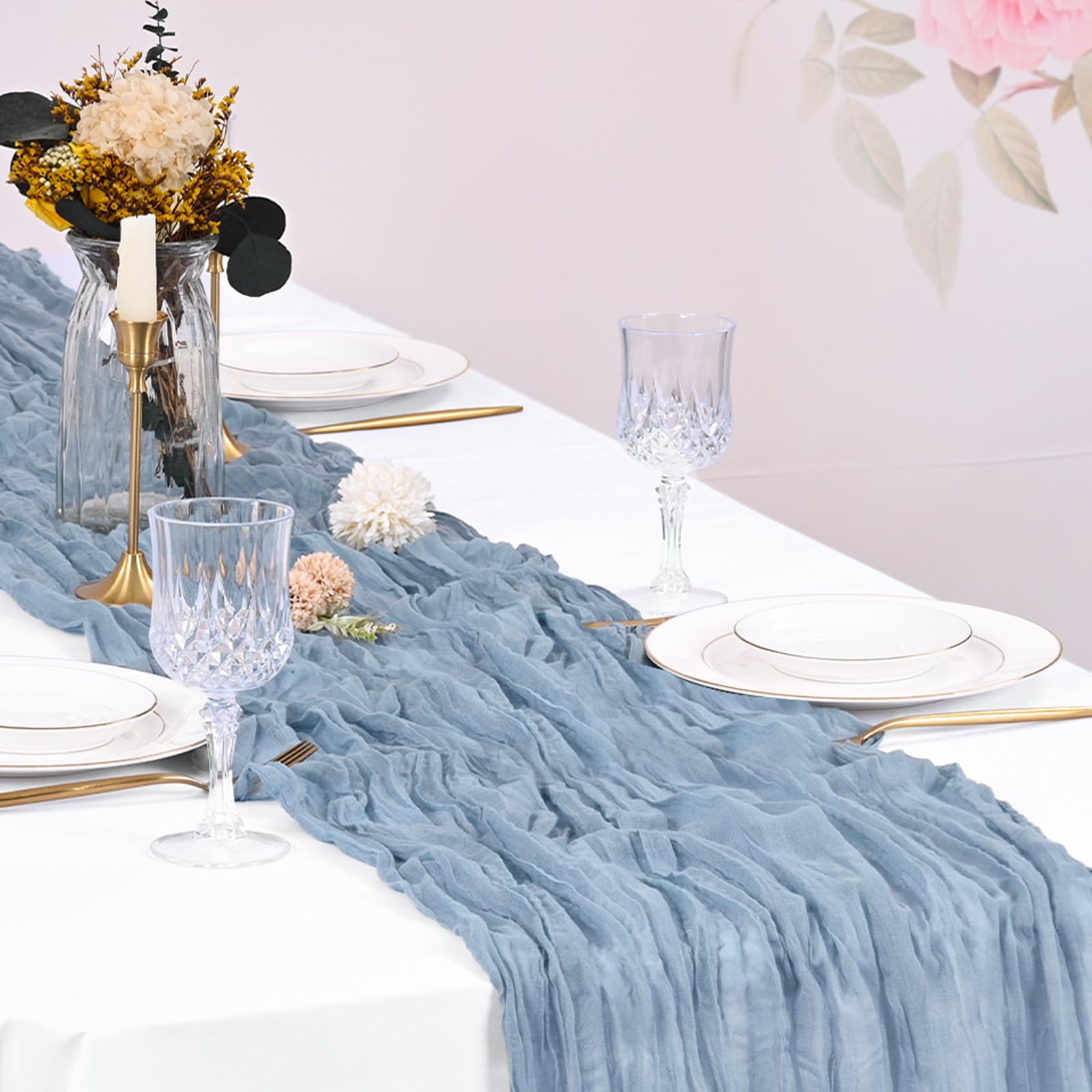 Beautane dusty blue runner pairs with gifts, linens, and boho decor.