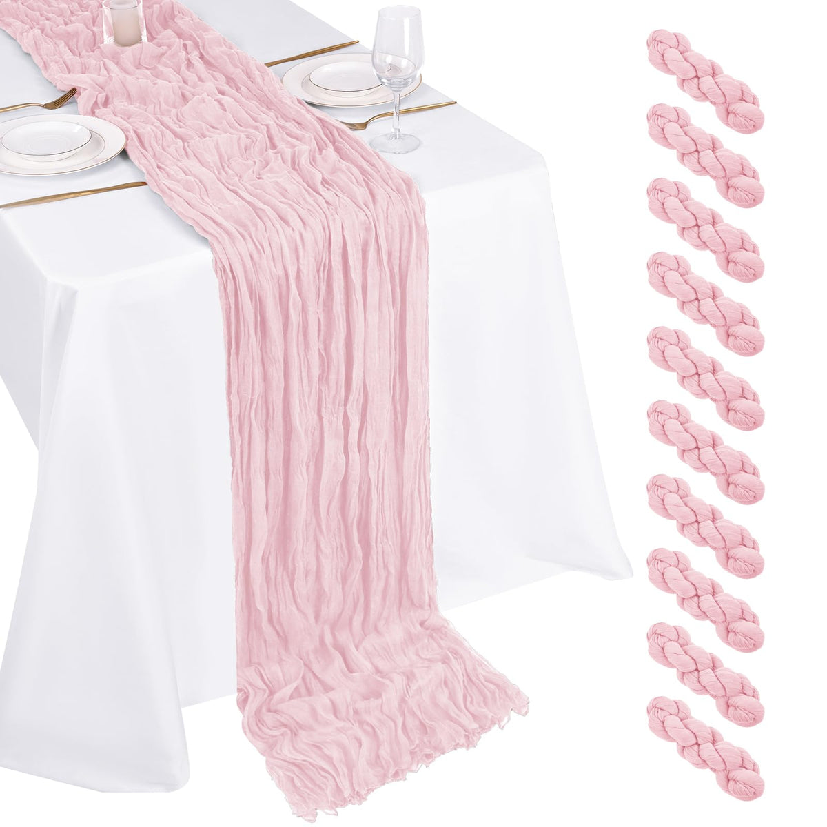 Beautane light pink cheesecloth table runner with delicate drape for weddings