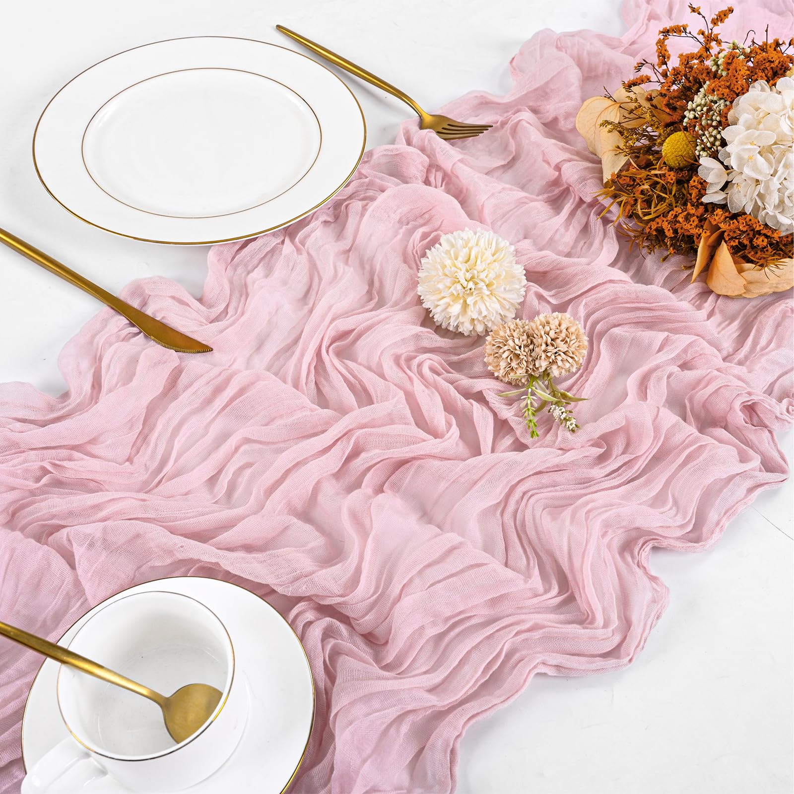 Beautane pleated gauze table runner adds romantic texture to tables
