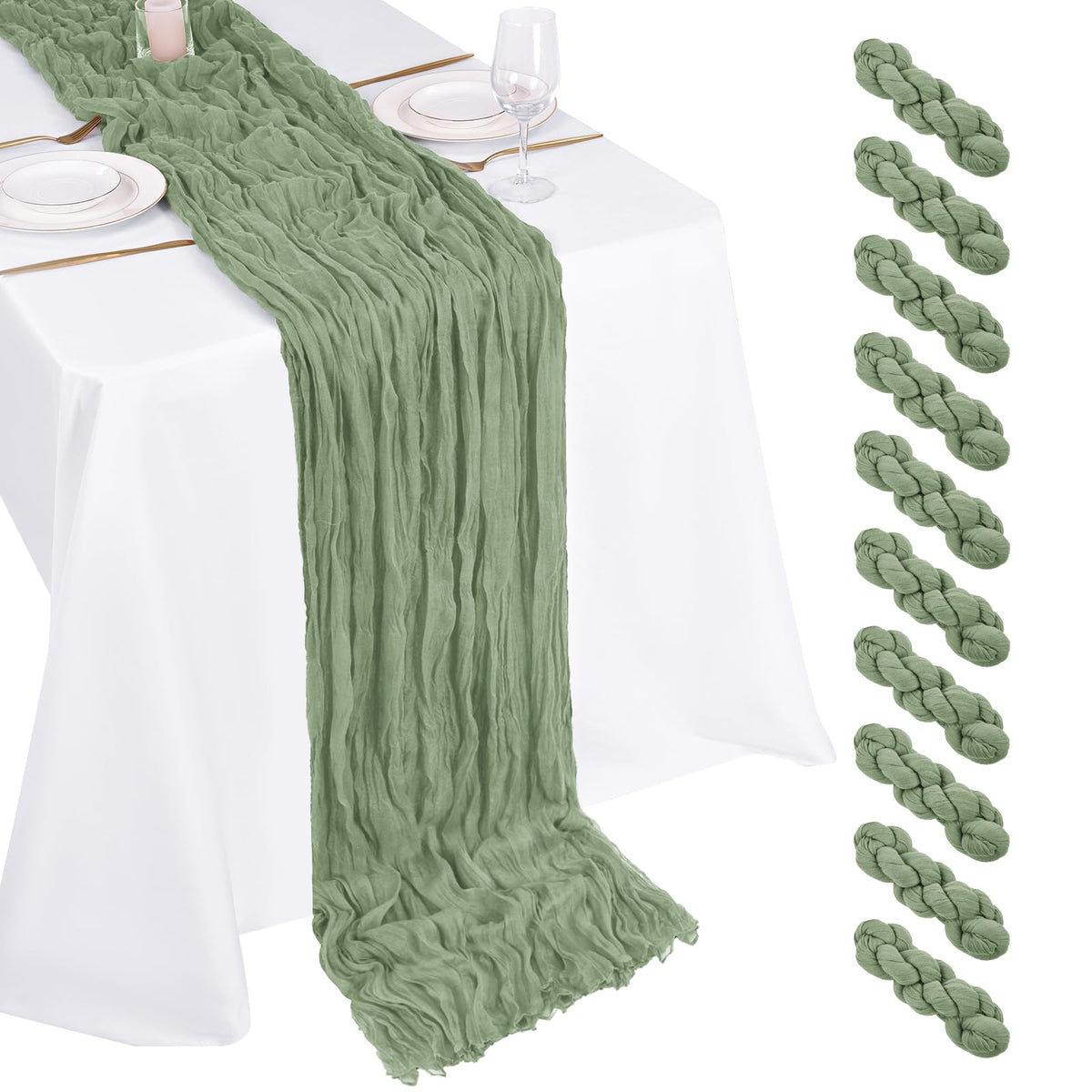 Beautane Sage Green Cheesecloth Table Runner close-up weave shows soft texture for elegant tables