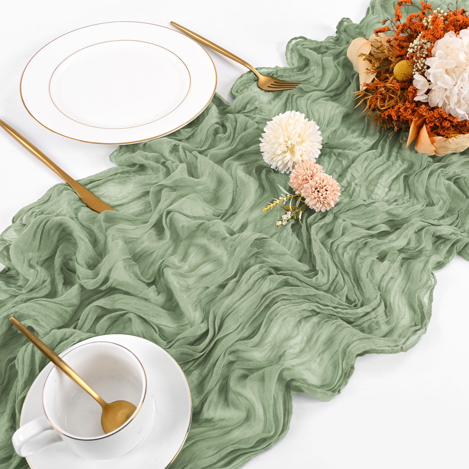 Beautane Sage Green Cheesecloth Table Runner used as backdrop decor at events