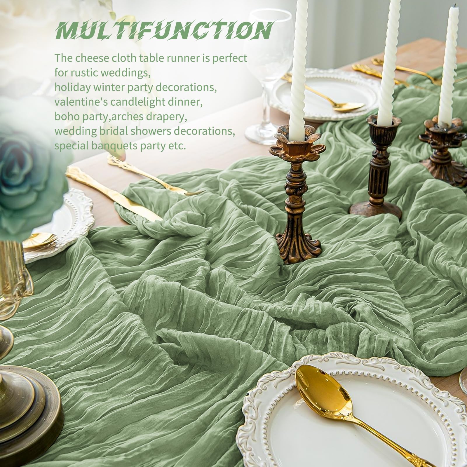 Beautane Sage Green Cheesecloth Table Runner with finished edges to prevent fraying