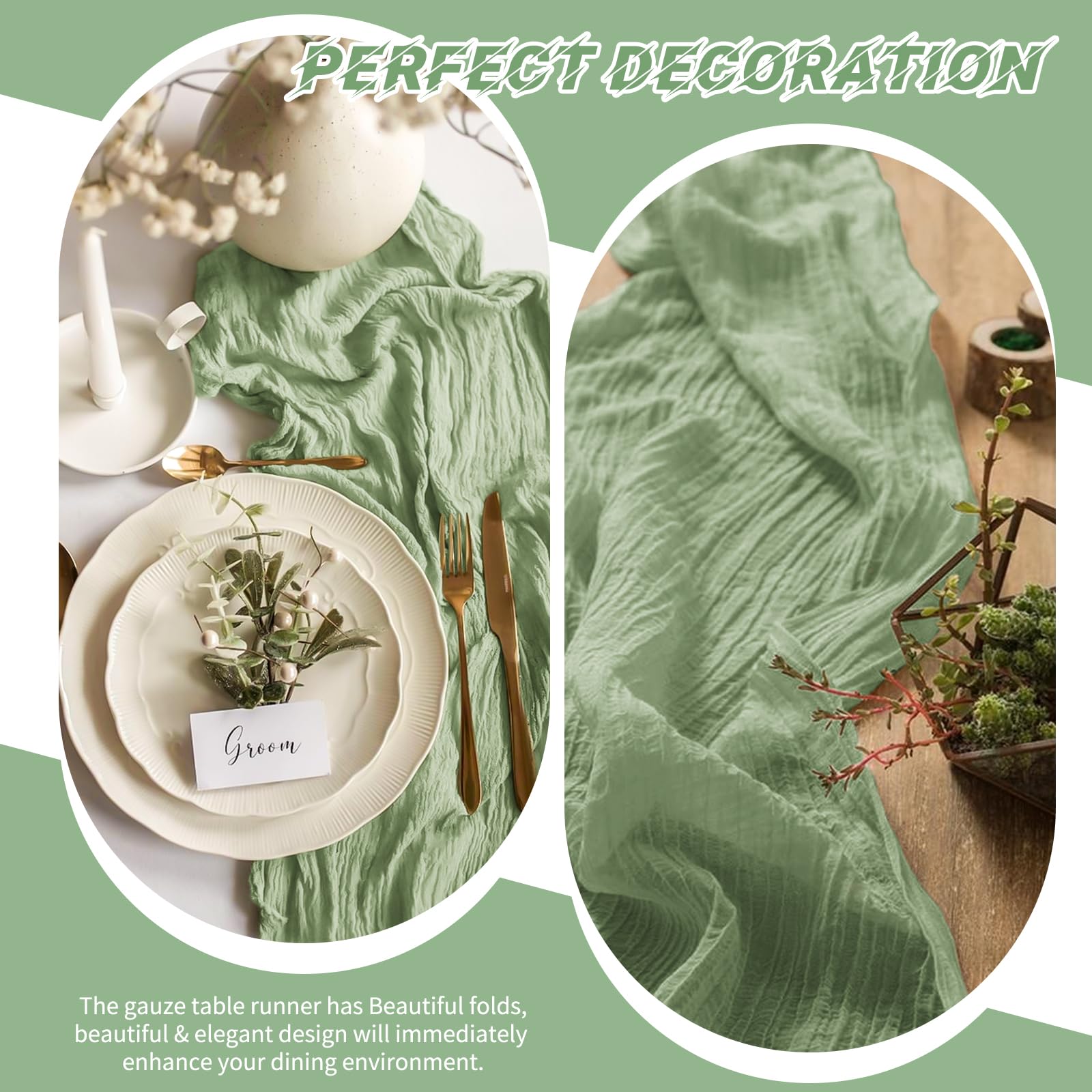 Beautane Sage Green Cheesecloth Table Runner neatly folded for storage