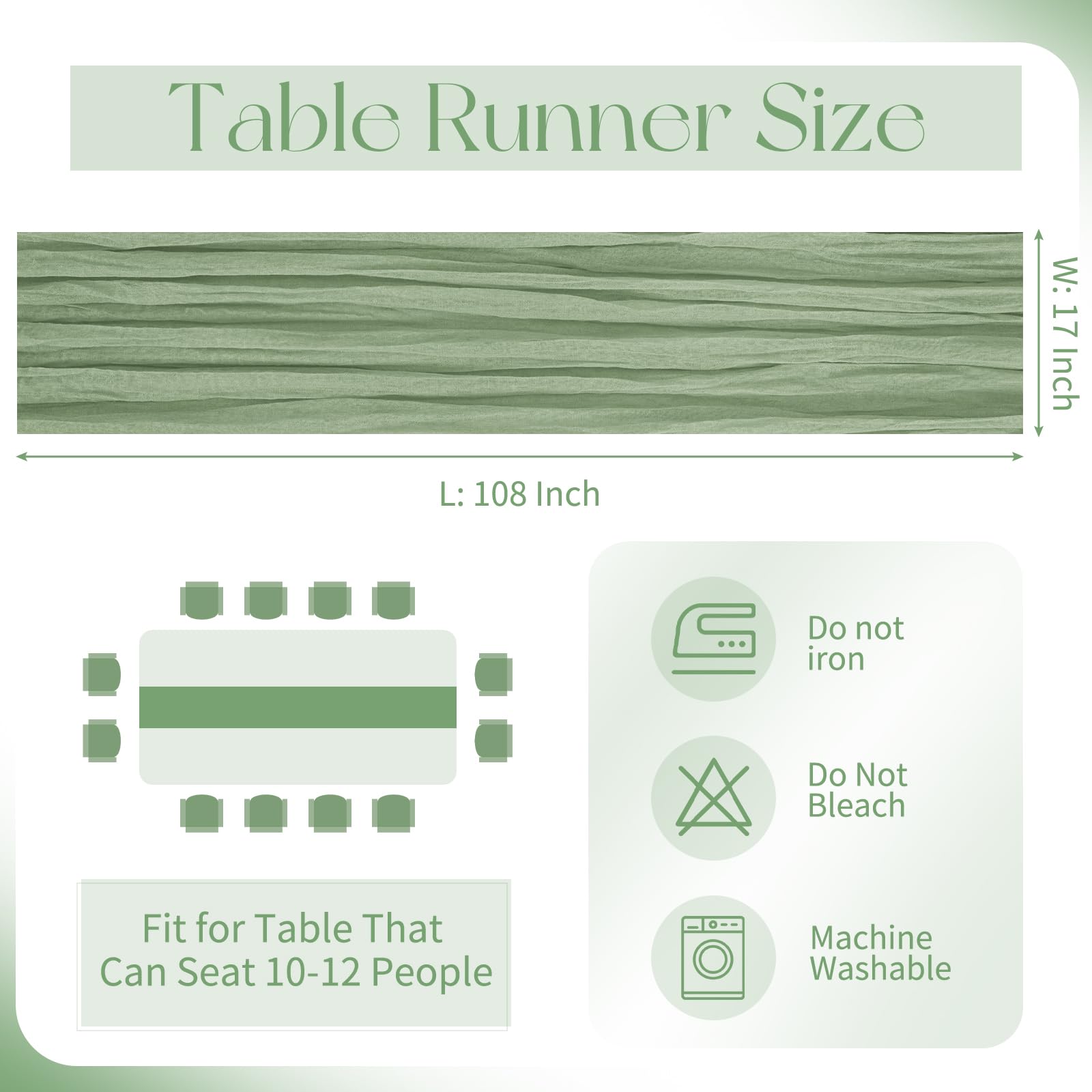 Beautane Sage Green Cheesecloth Table Runner draped on a wedding table for boho charm