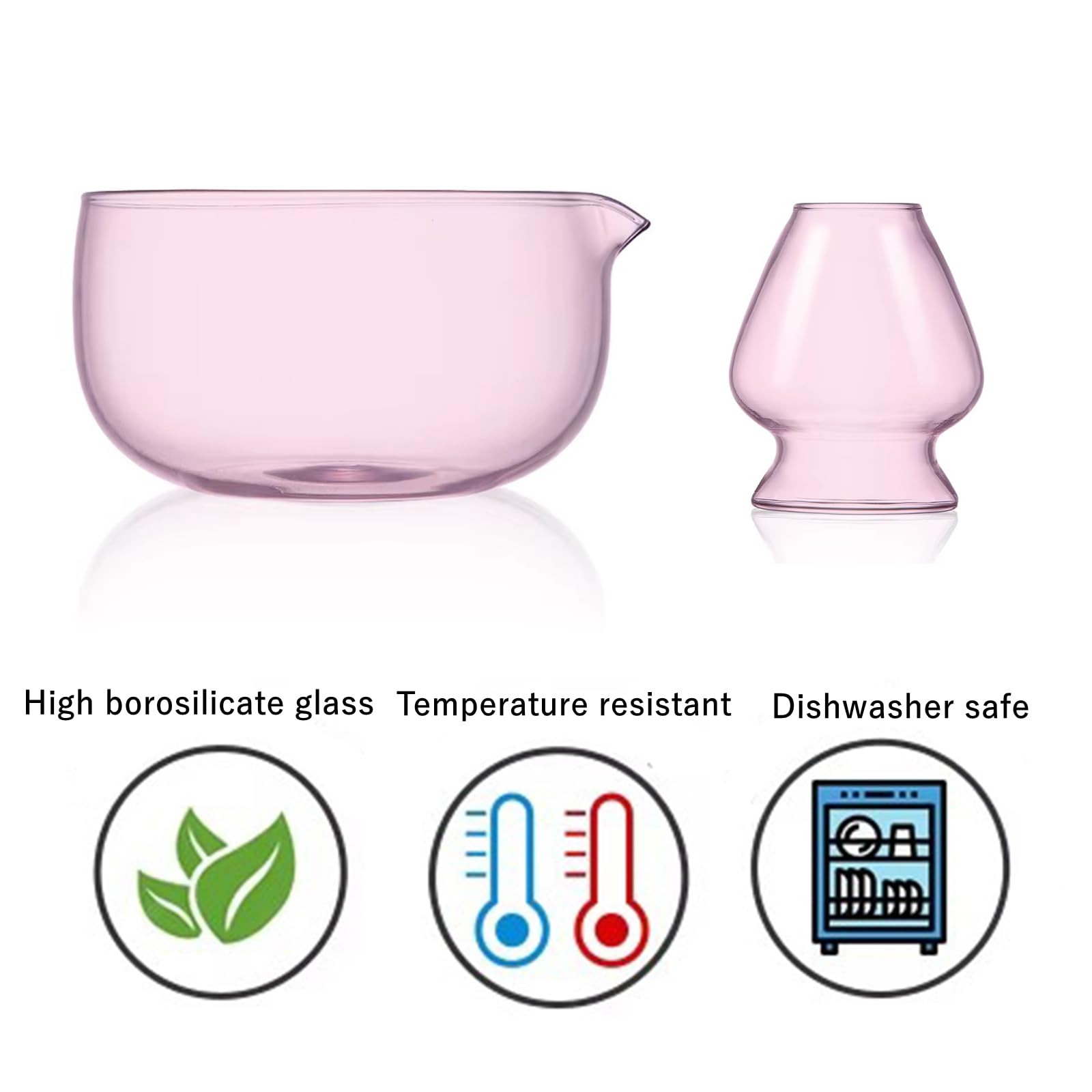 BECCOBEAT glass matcha bowl with spout in pink design for hot or iced drinks