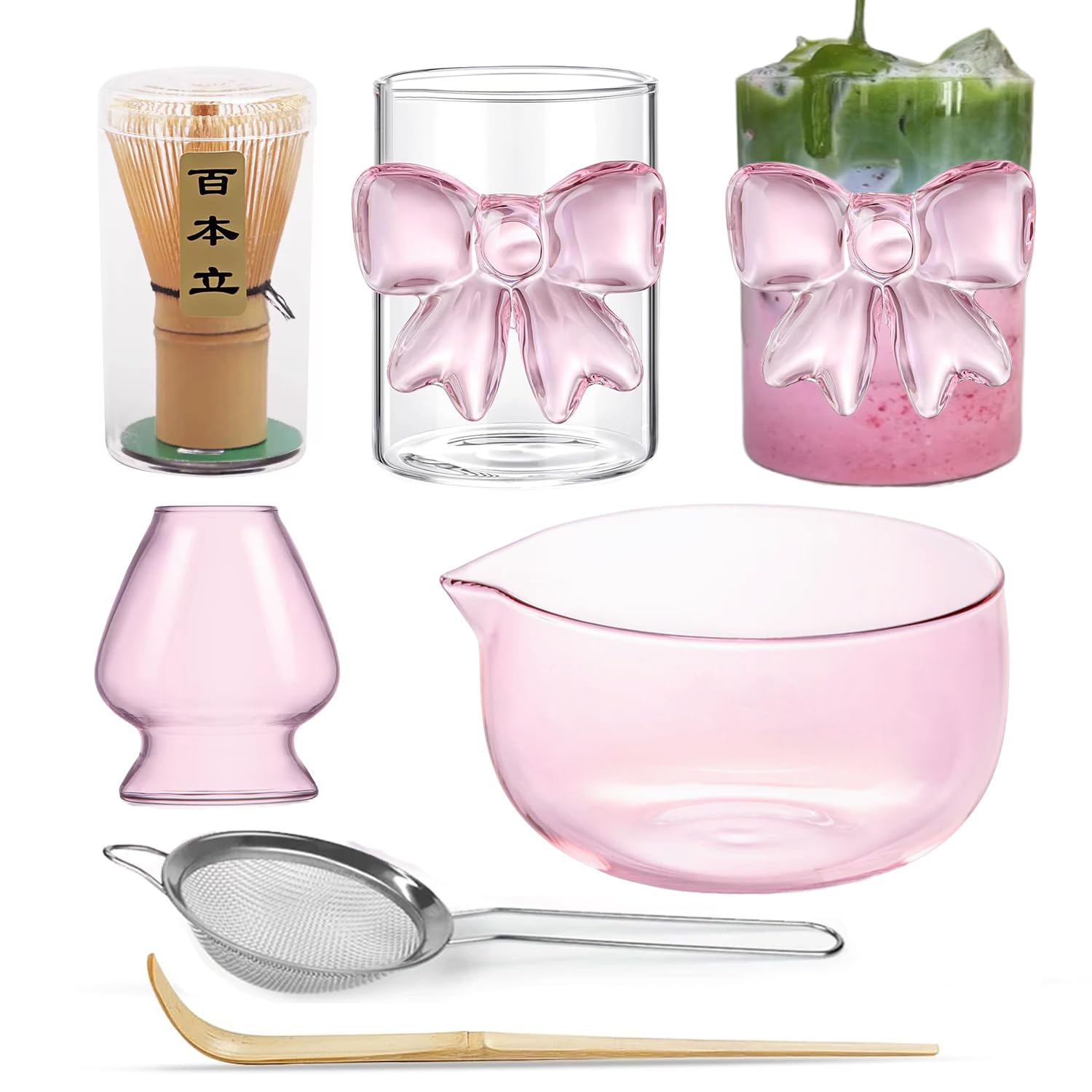 BECCOBEAT pink matcha set with whisk and bowl featuring a spout for easy pouring and latte prep