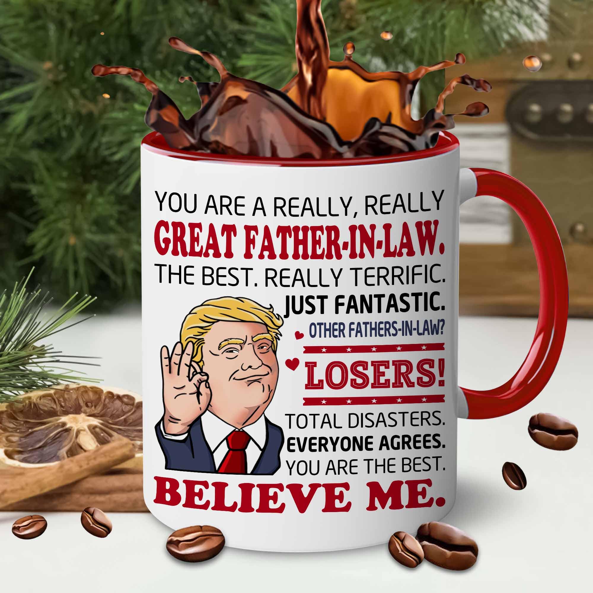 BECHUSKY mug side shot showing gift-ready Father-in-law design from daughter-in-law