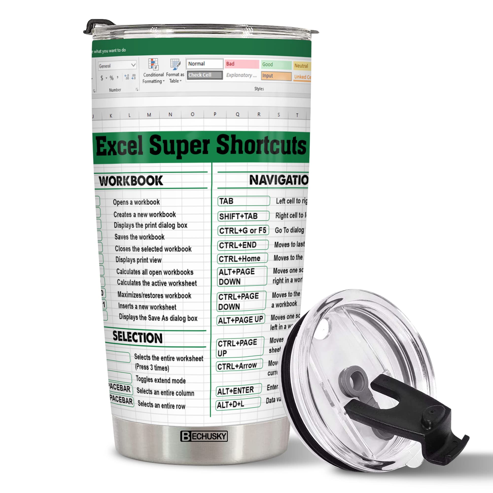 BECHUSKY Excel tumbler with spreadsheet print for efficient office routines and daily caffeine.
