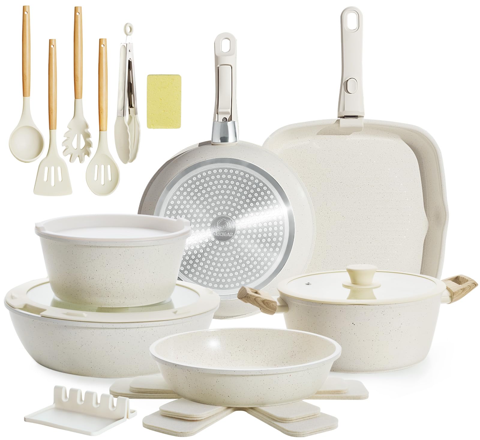 BECIGAR 23pcs ceramic pots and pans set with detachable handle for easy storage.