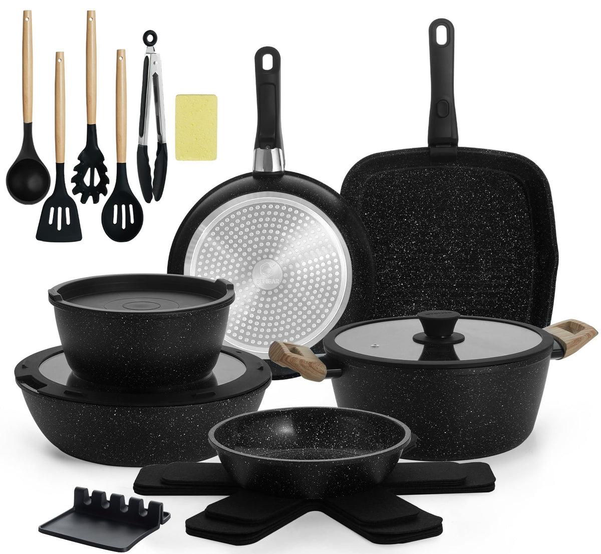 BECIGAR 23pcs pots and pans set overview for versatile home cooking and organization.