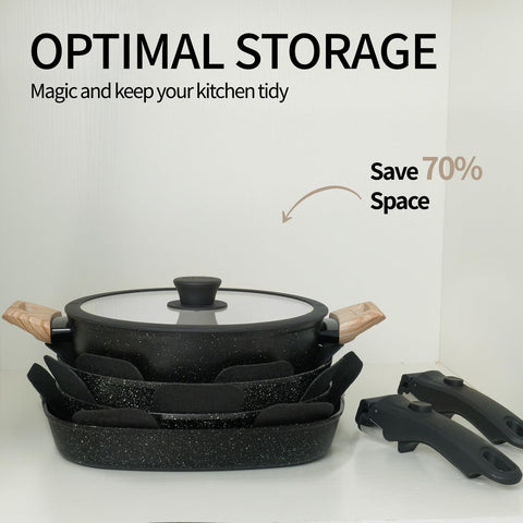BECIGAR stackable design demonstrating space-saving storage in a kitchen cabinet.