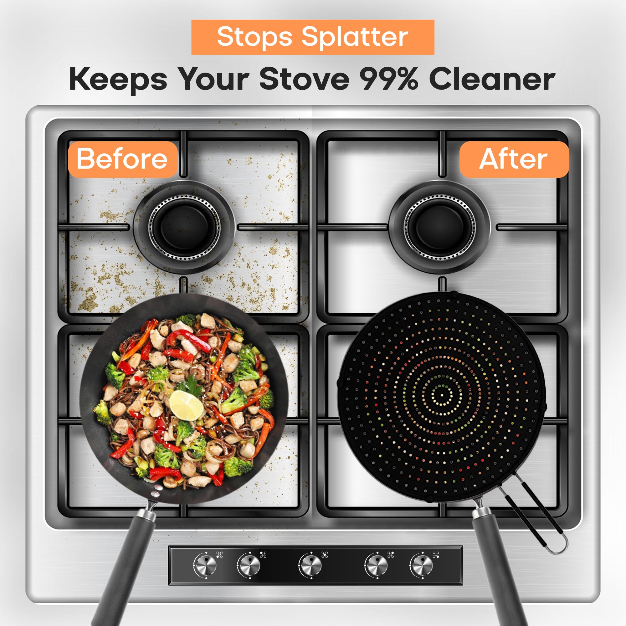 Beckon Ware silicone splatter screen frame detail shows reinforced steel rim for durability.
