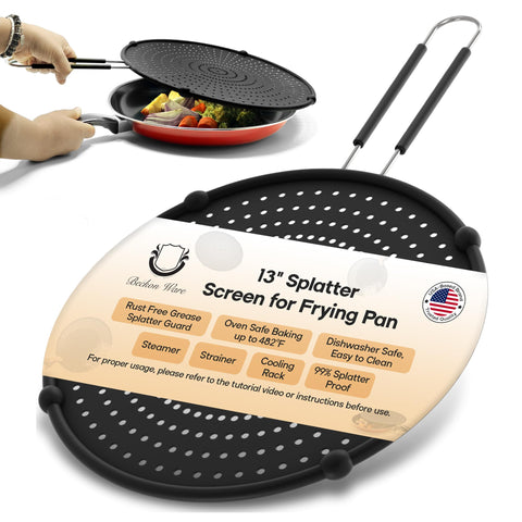 Beckon Ware splatter screen on pan blocks oil splatters while letting steam escape.
