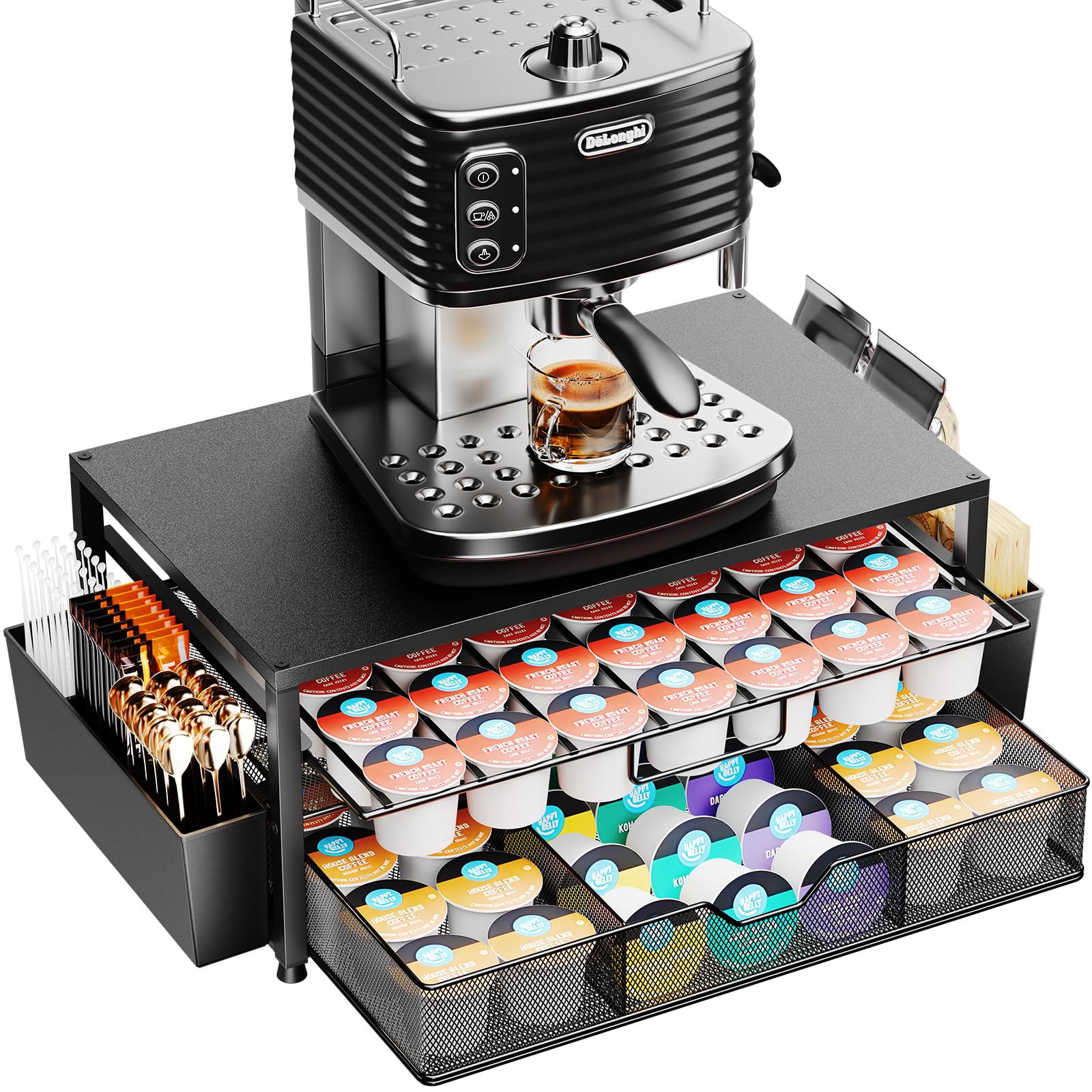 Becomrock K Cup Holder Organizer shows 63-cup capacity to keep pods within easy reach.