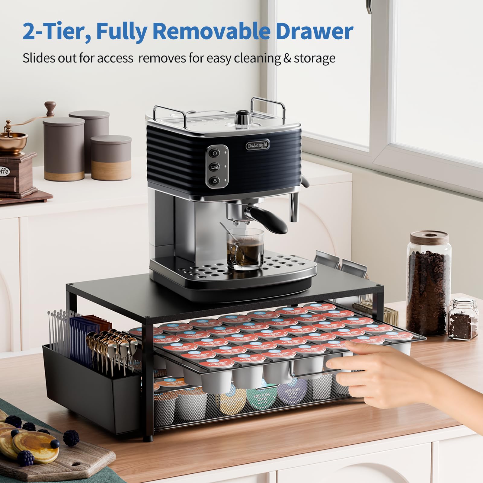 Becomrock K Cup Holder Organizer fits neatly under a coffee machine for space efficiency.