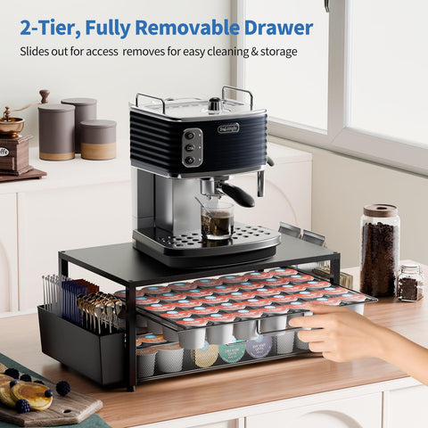 Becomrock K Cup Holder Organizer fits neatly under a coffee machine for space efficiency.