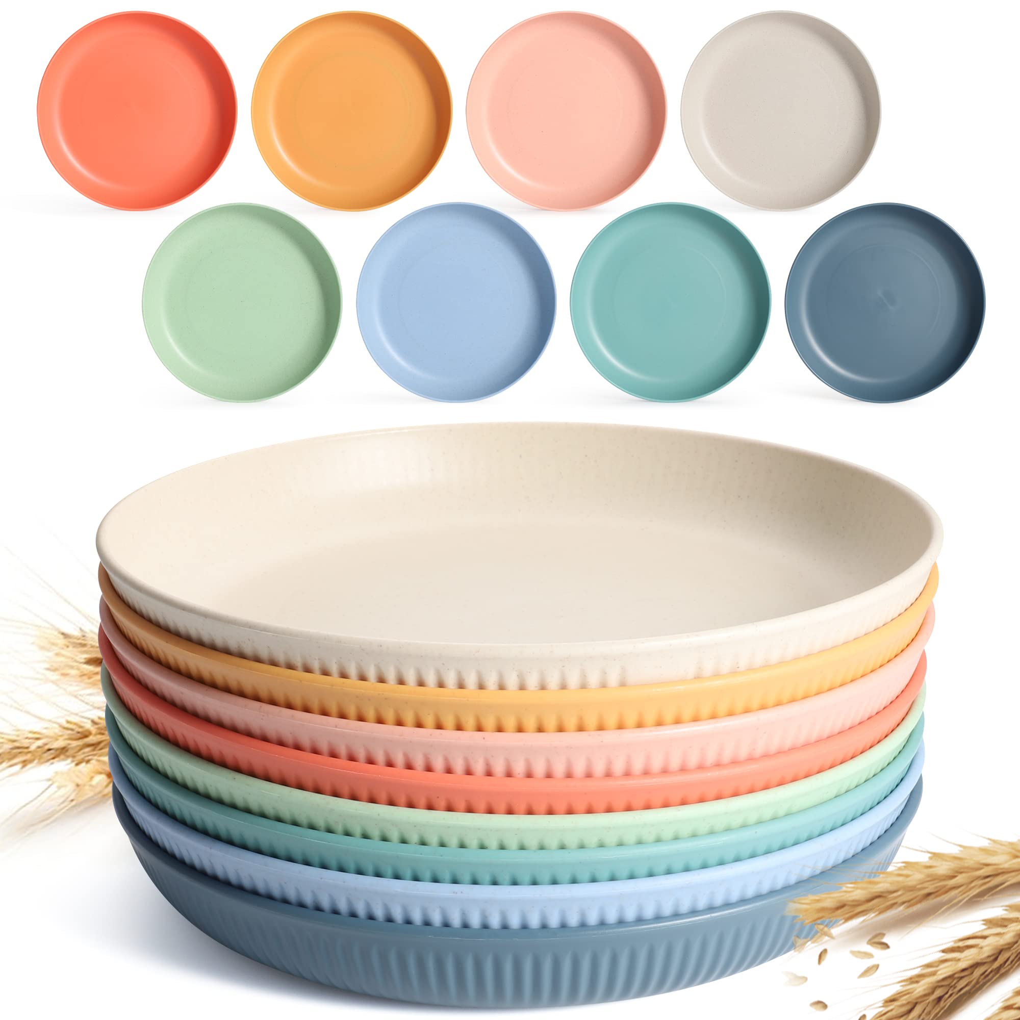 Becutlery 8-pack 9-inch wheat straw plates in a colorful set for daily meals.