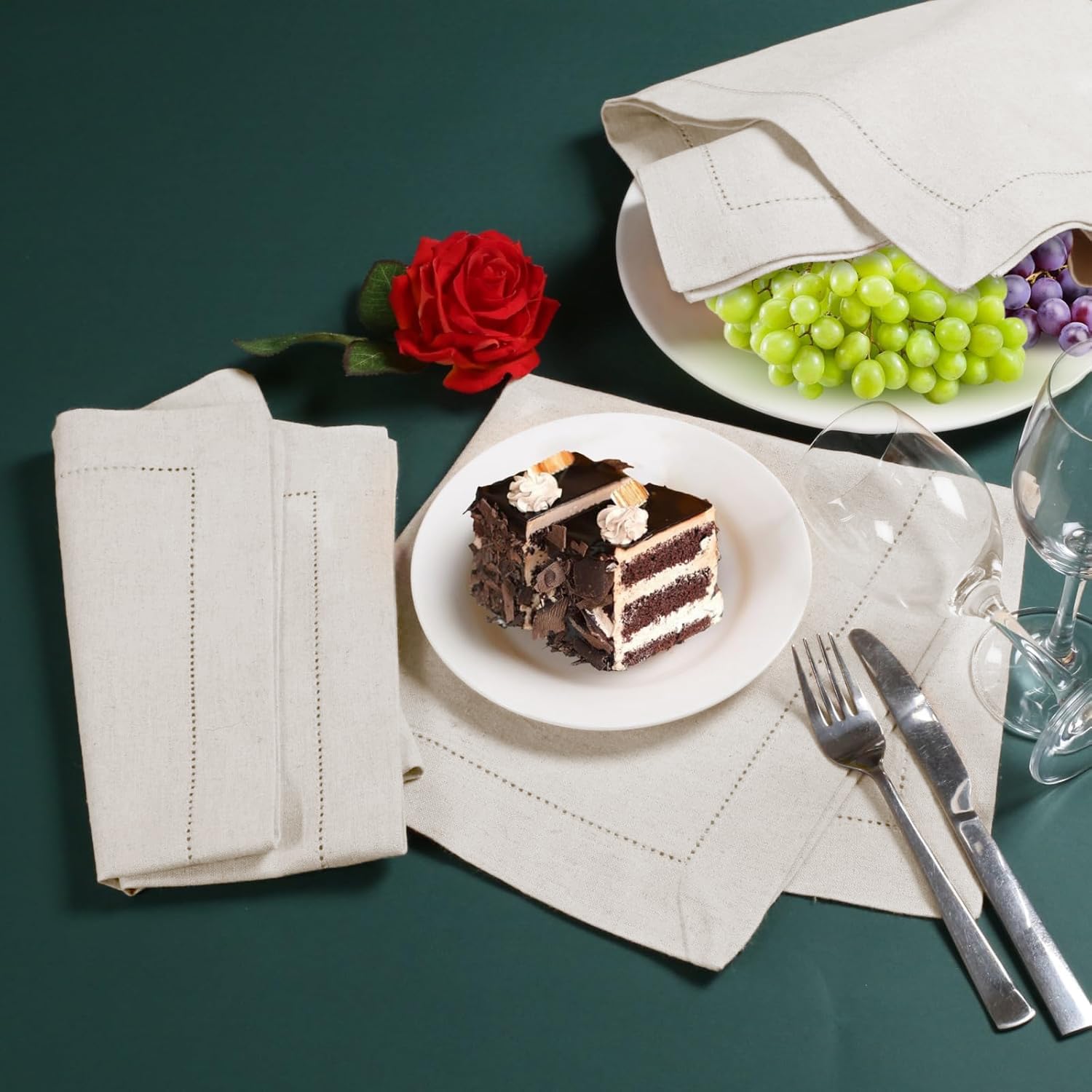 Close-up of Bedding Craft napkins with hemstitched corners for refined table settings